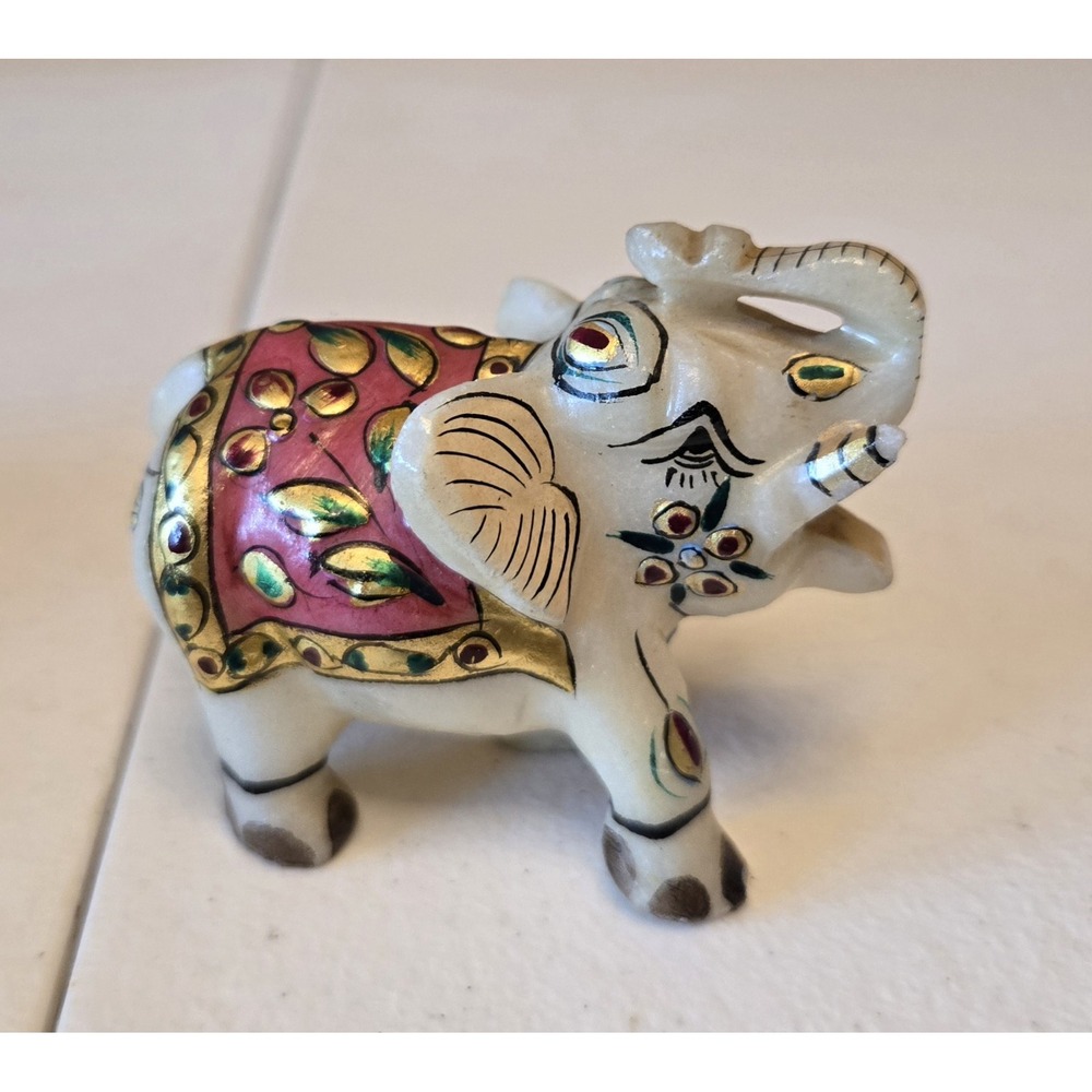 Marble Elephant Figurine Hand Painted Carved Indian Art‎ Trunk Up Pink Gold - Picture 3 of 7